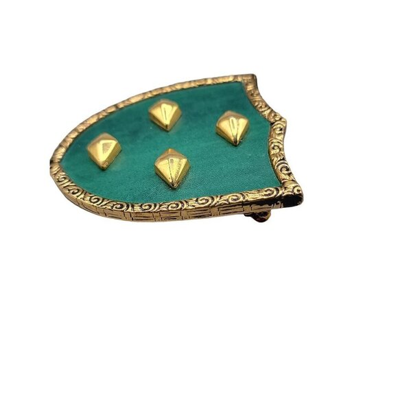 Knights Shield Brooch Pin Gold Tone & Green Vinyl Decorative Trim Vintage - Picture 5 of 8